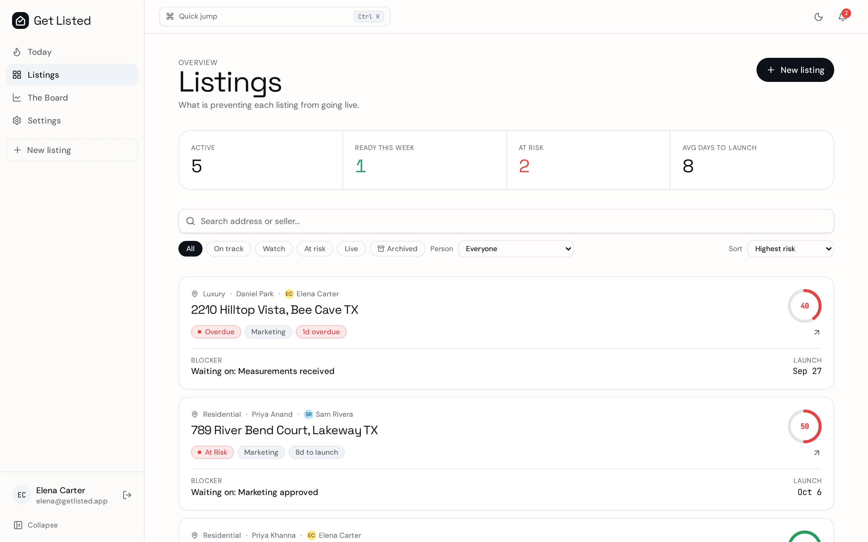 Get Listed dashboard showing every active listing, blockers, and launch readiness scores